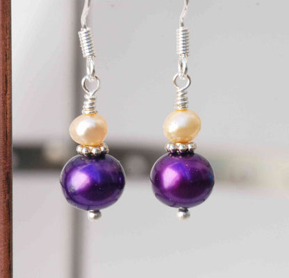 8-9mm 925 Sterling Silver Round Claret Purple Freshwater Pearl Dangle Earrings
