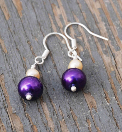 8-9mm 925 Sterling Silver Round Claret Purple Freshwater Pearl Dangle Earrings