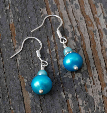 8-9mm 925 Sterling Silver Round Aqua Blue Freahwater Pearl Dangle Earrings