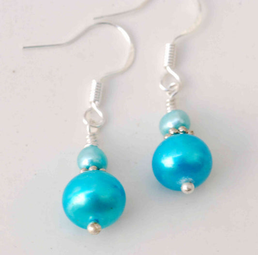 8-9mm 925 Sterling Silver Round Aqua Blue Freahwater Pearl Dangle Earrings