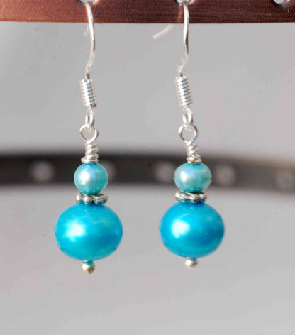 8-9mm 925 Sterling Silver Round Aqua Blue Freahwater Pearl Dangle Earrings