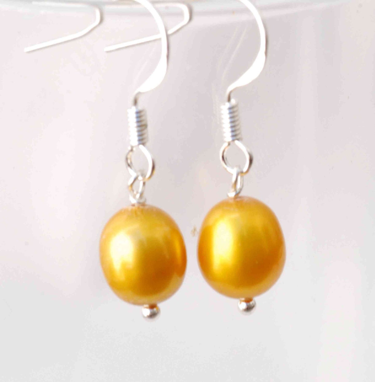 8.5-10mm 925 sterling silver Oval Gold Freshwater Pearl Dangle Earrings
