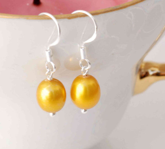 8.5-10mm 925 sterling silver Oval Gold Freshwater Pearl Dangle Earrings