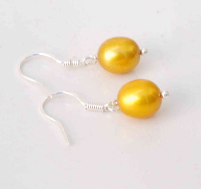 8.5-10mm 925 sterling silver Oval Gold Freshwater Pearl Dangle Earrings