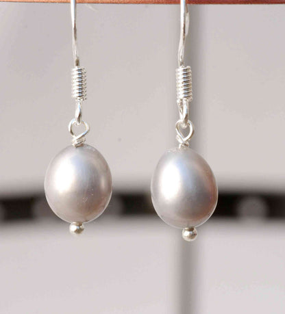8.5-10mm 925 Sterling Silver Oval White Freshwater Pearl Dangle Earrings