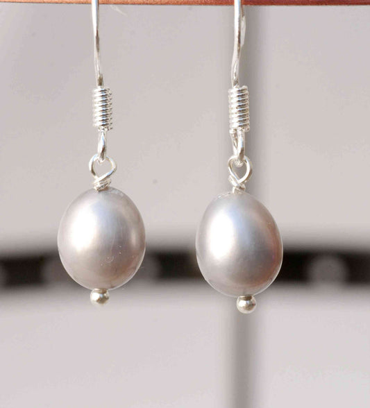 8.5-10mm 925 Sterling Silver Oval White Freshwater Pearl Dangle Earrings