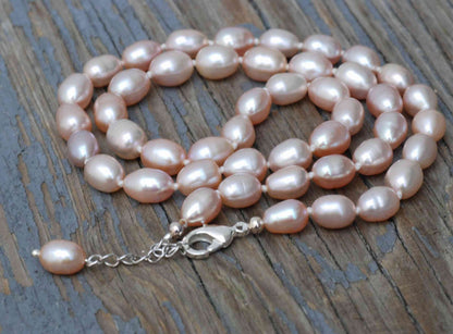 16" 7×10mm Rice Oval Pink Freshwater Pearl Necklace