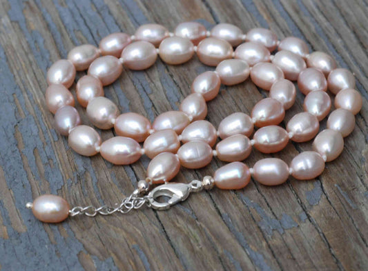 16" 7×10mm Rice Oval Pink Freshwater Pearl Necklace