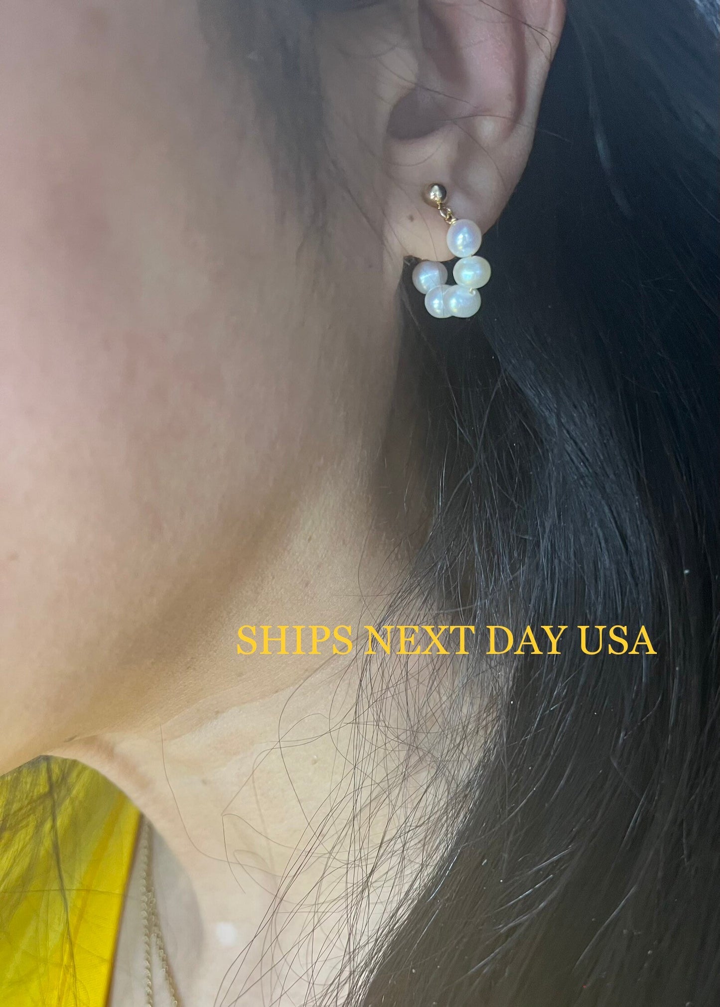 AAA 5-6mm 14k gold plated Hoop White Freshwater Pearl Stud Earring