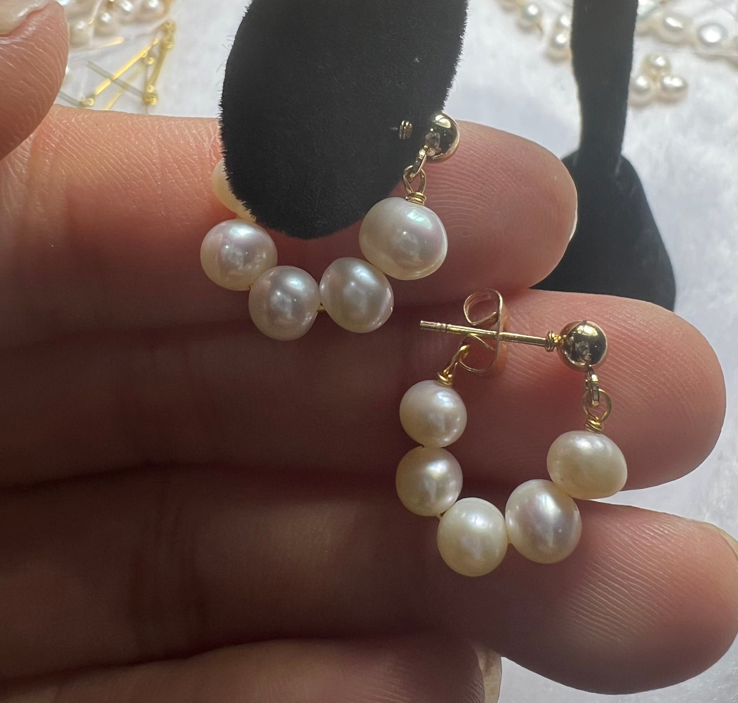 AAA 5-6mm 14k gold plated Hoop White Freshwater Pearl Stud Earring