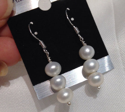 7mm 925 sterling Silver Coin Ivory White Pearl Dangle Earrings