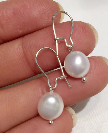 9mm 925 Sterling Silver Baroque Ivory White Freshwater Pearl Dangle Earrings