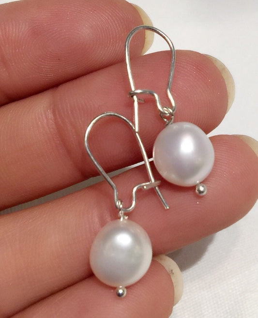 9mm 925 Sterling Silver Baroque Ivory White Freshwater Pearl Dangle Earrings