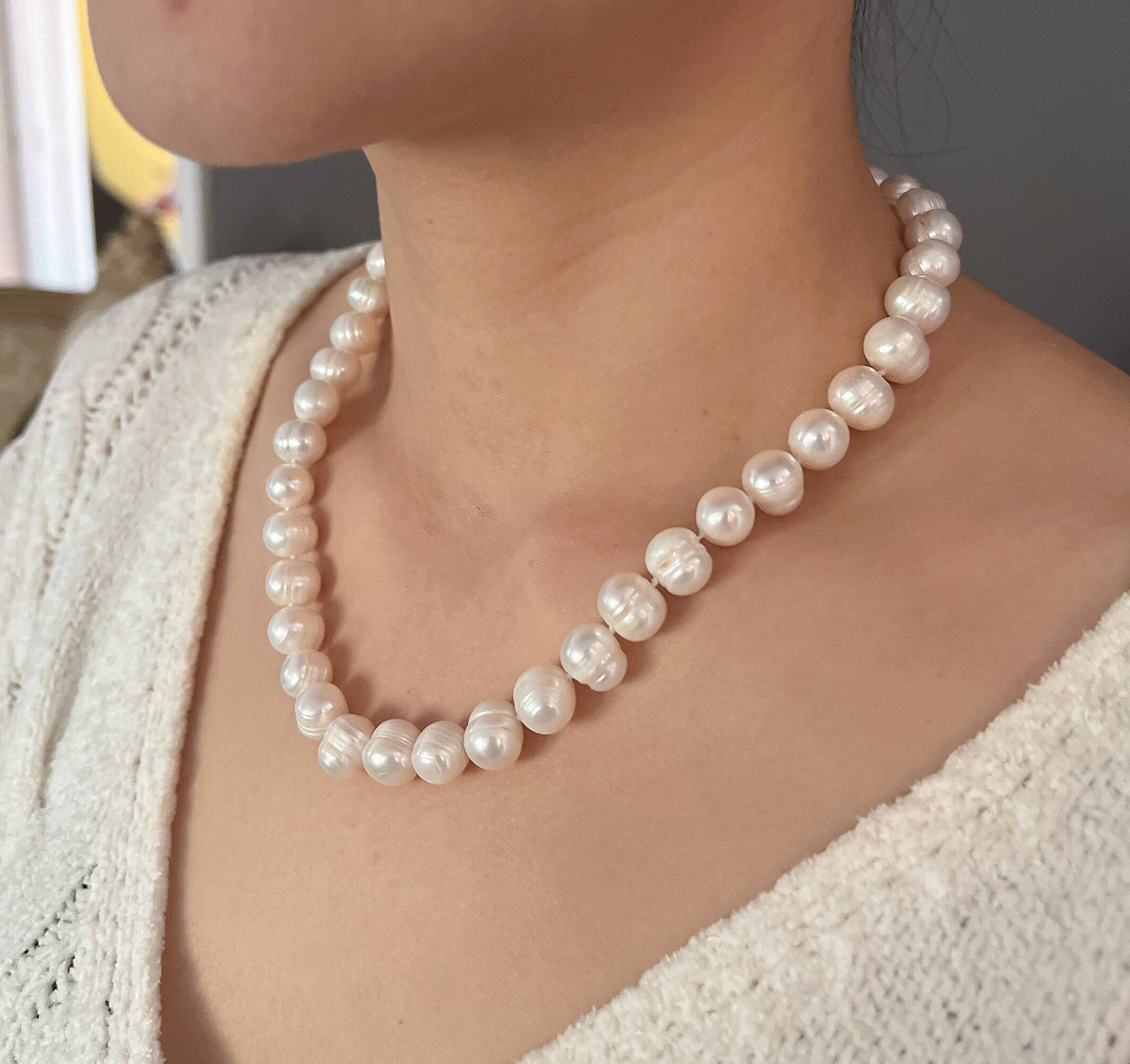 16"-36"  10mm-11mm Genuine baroque freshwater Pearl Knotted Ivory White Necklace