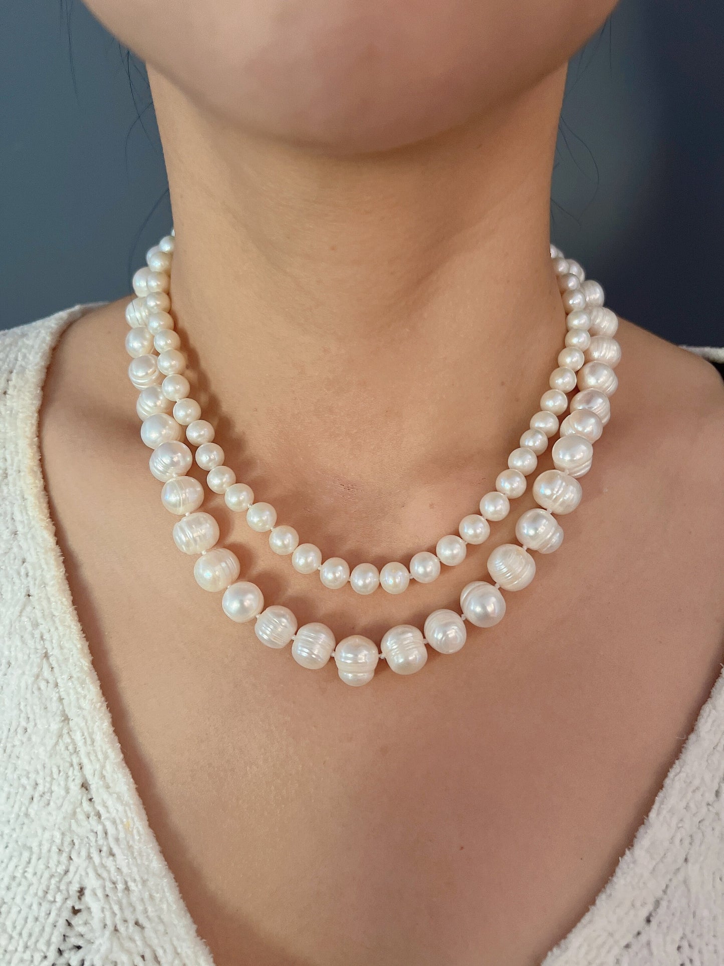 16"-36"  10mm-11mm Genuine baroque freshwater Pearl Knotted Ivory White Necklace