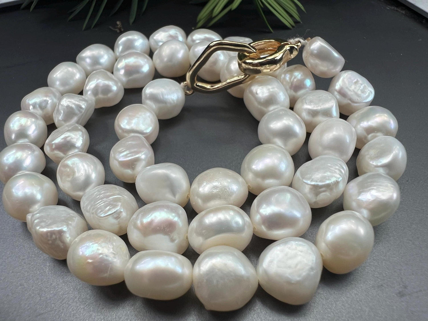9-11mm big Ivory White Baroque Pearl Knotted Necklace 14k gold