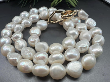 9-11mm big Ivory White Baroque Pearl Knotted Necklace 14k gold