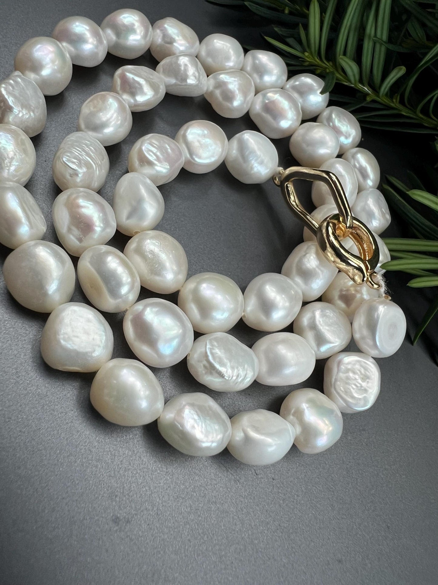 9-11mm big Ivory White Baroque Pearl Knotted Necklace 14k gold