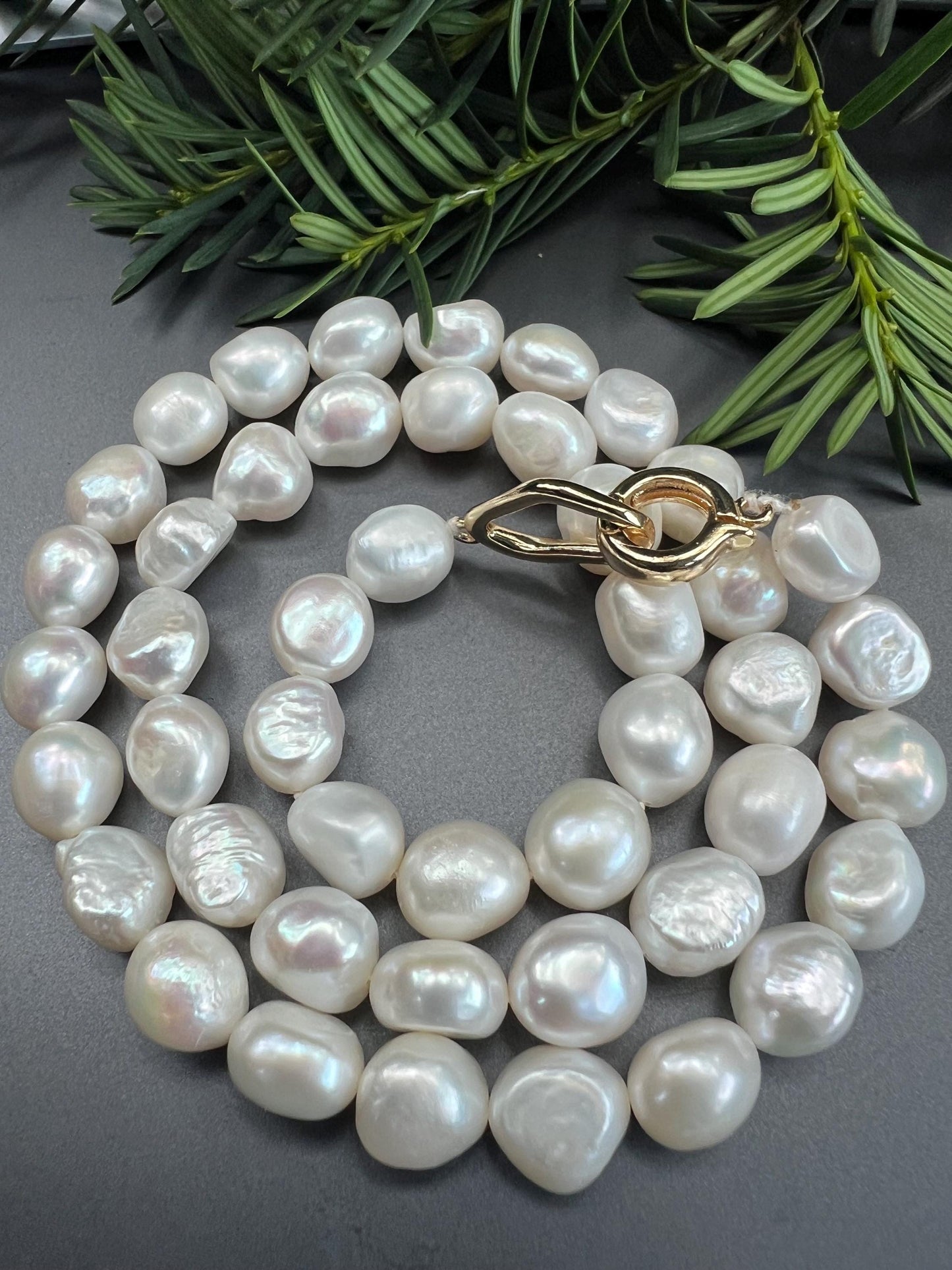 9-11mm big Ivory White Baroque Pearl Knotted Necklace 14k gold