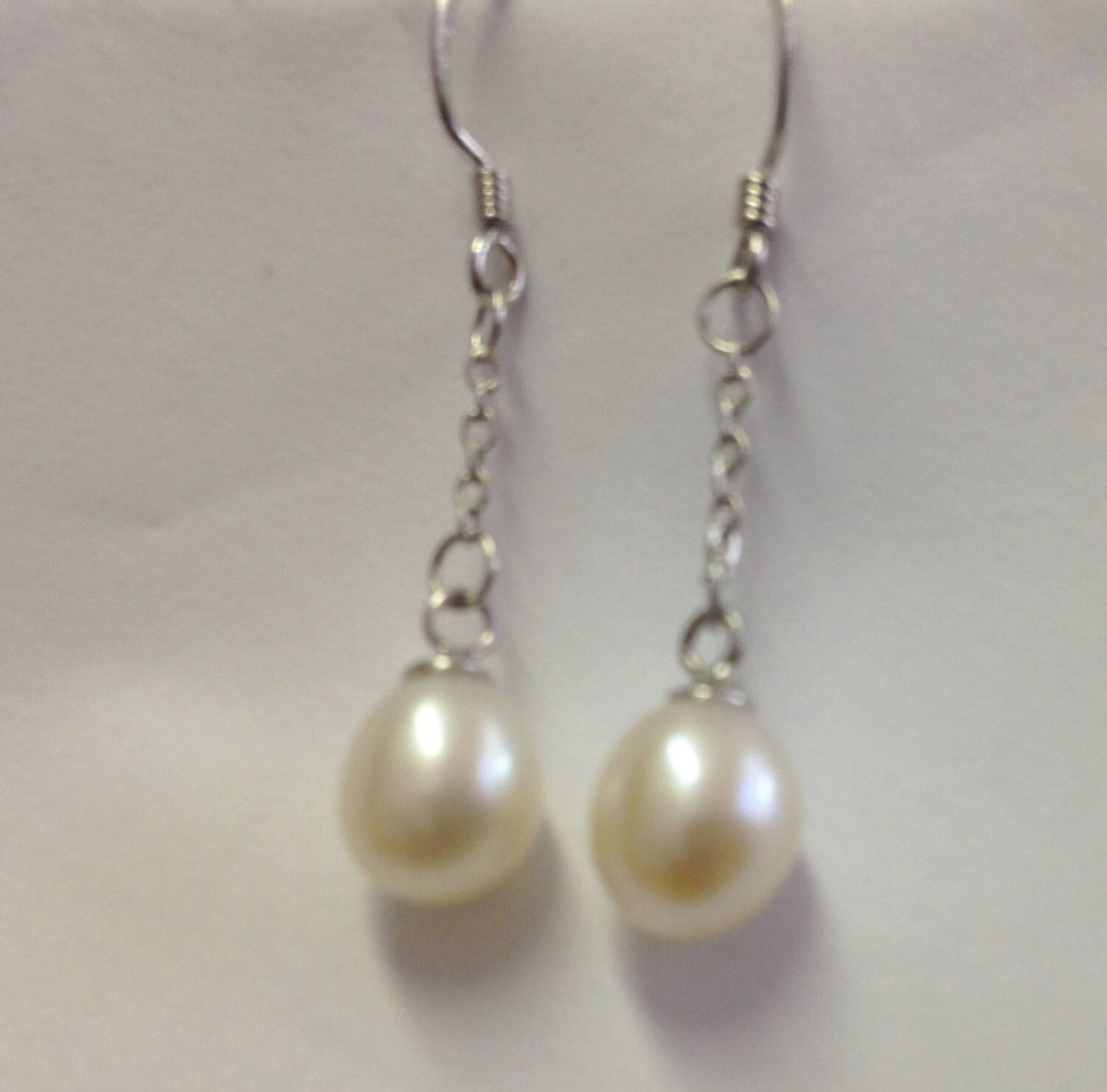 7mmx9mm 925 Sterling Silver Teardrop Ivory White Freshwater Pearl Dangle Earrings