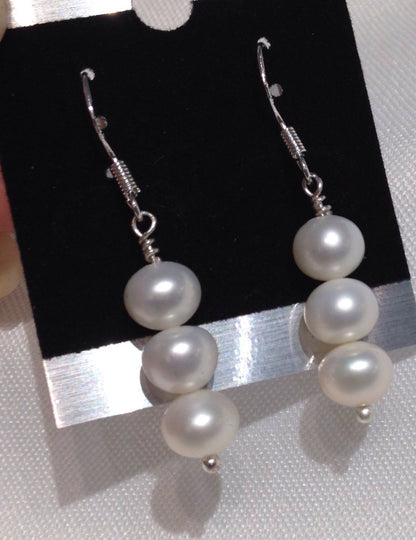 7mm 925 sterling Silver Coin Ivory White Pearl Dangle Earrings