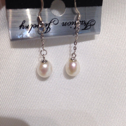 7mmx9mm 925 Sterling Silver Teardrop Ivory White Freshwater Pearl Dangle Earrings