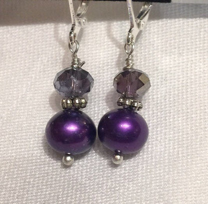 8.5mm 925 Sterling Silver Swarovski Crystal Round Deep Purple Freshwater Pearl Dangle Earring