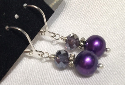 8.5mm 925 Sterling Silver Swarovski Crystal Round Deep Purple Freshwater Pearl Dangle Earring