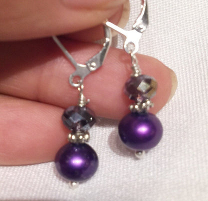 8.5mm 925 Sterling Silver Swarovski Crystal Round Deep Purple Freshwater Pearl Dangle Earring