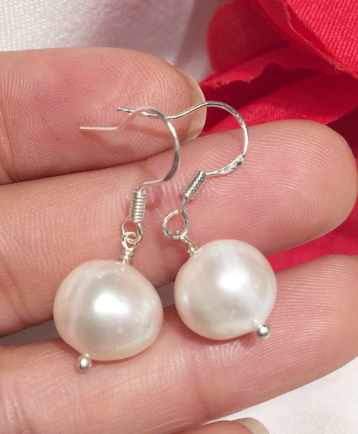 11-12mm Ivory White Pearl dangle Earrings