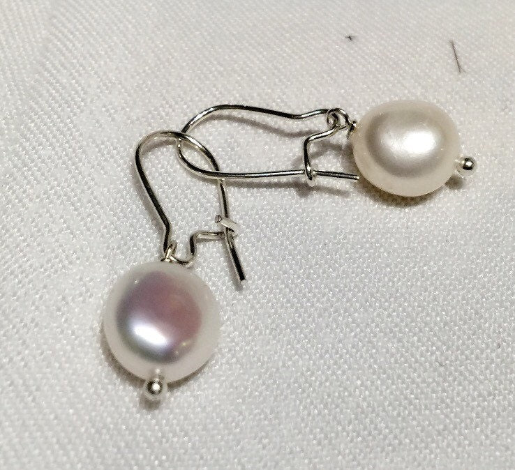 9mm 925 Sterling Silver Baroque Ivory White Freshwater Pearl Dangle Earrings