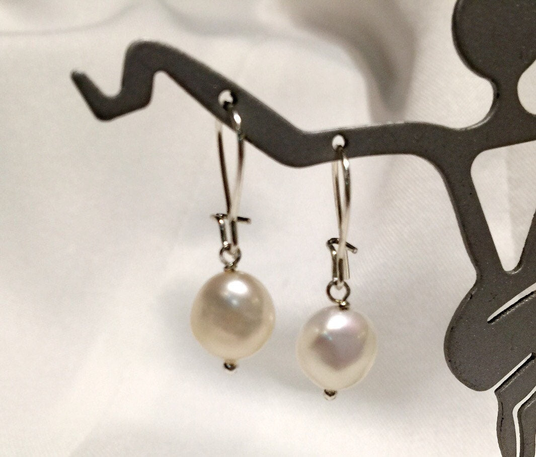 9mm 925 Sterling Silver Baroque Ivory White Freshwater Pearl Dangle Earrings