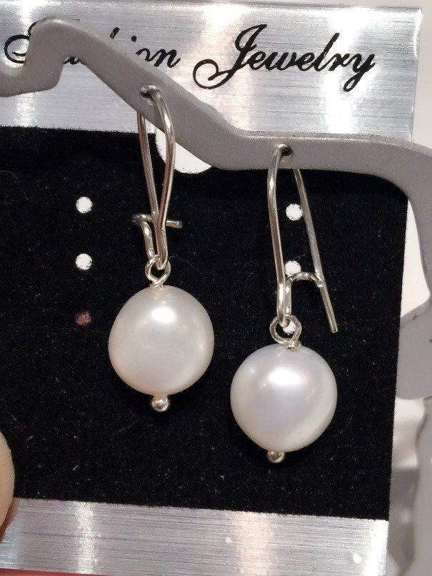 9mm 925 Sterling Silver Baroque Ivory White Freshwater Pearl Dangle Earrings