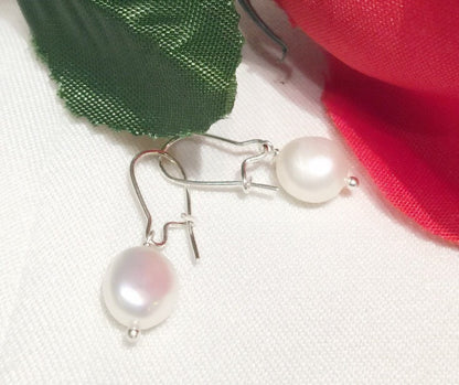 9mm 925 Sterling Silver Baroque Ivory White Freshwater Pearl Dangle Earrings