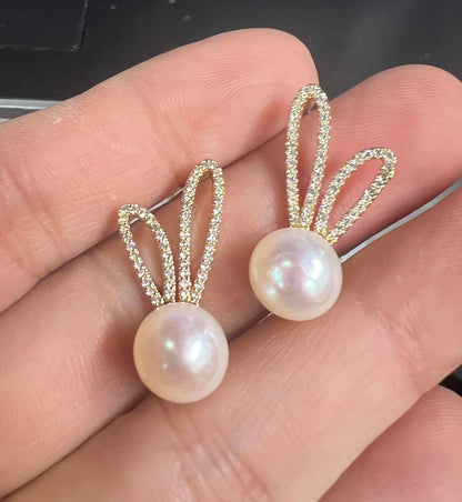 AAA 12mmX25mm 18k Gold Round White Freshwater Pearl Stud Earring