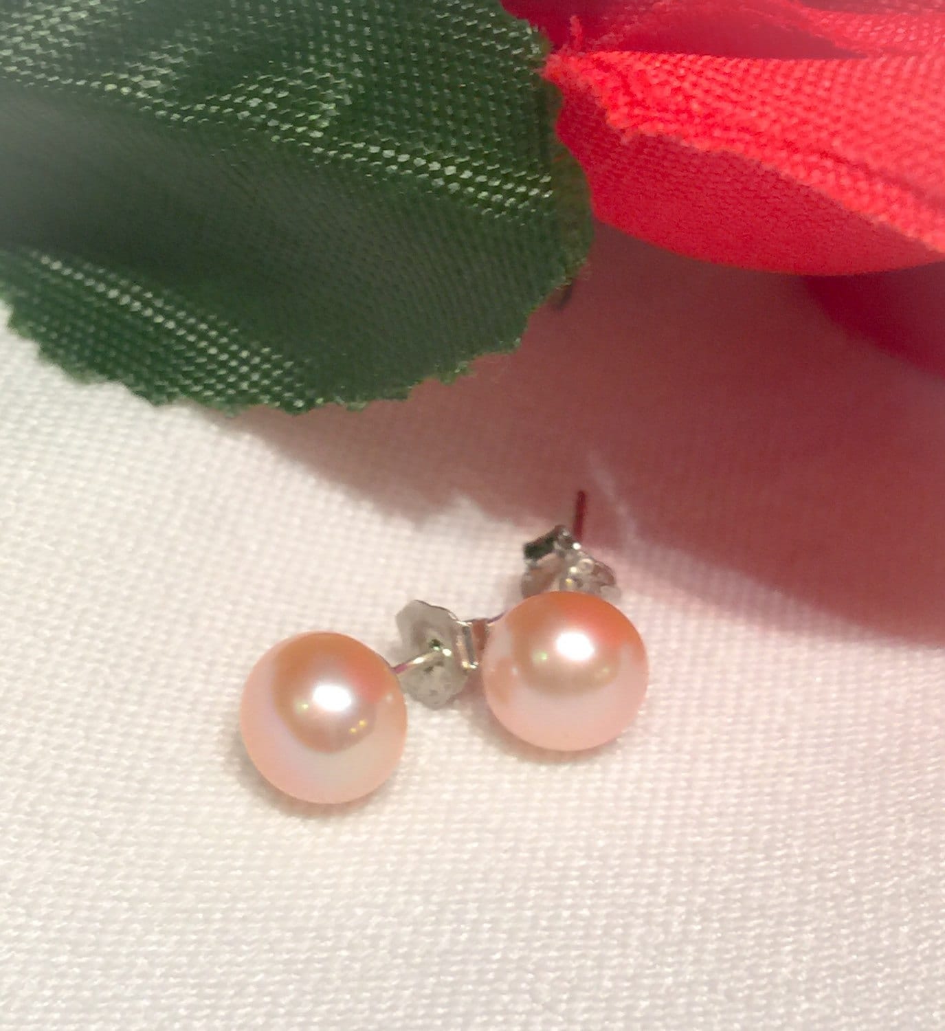 AAA 6.5-7.5mm 925 Sterling Silver Round Peach Pink & White Pearl Stud Earring