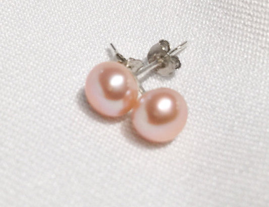 AAA 6.5-7.5mm 925 Sterling Silver Round Peach Pink & White Pearl Stud Earring