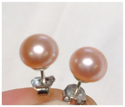 AAA 6.5-7.5mm 925 Sterling Silver Round Peach Pink & White Pearl Stud Earring