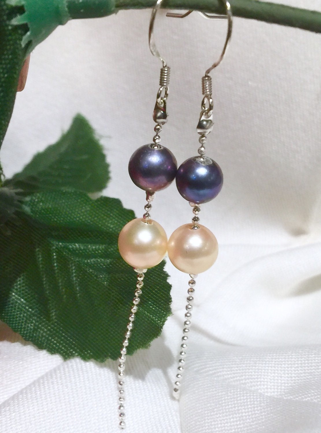 6-8mm 925 Sterling Silver Round Peacock and Champagne Freshwater Pearl Dangle Earrings