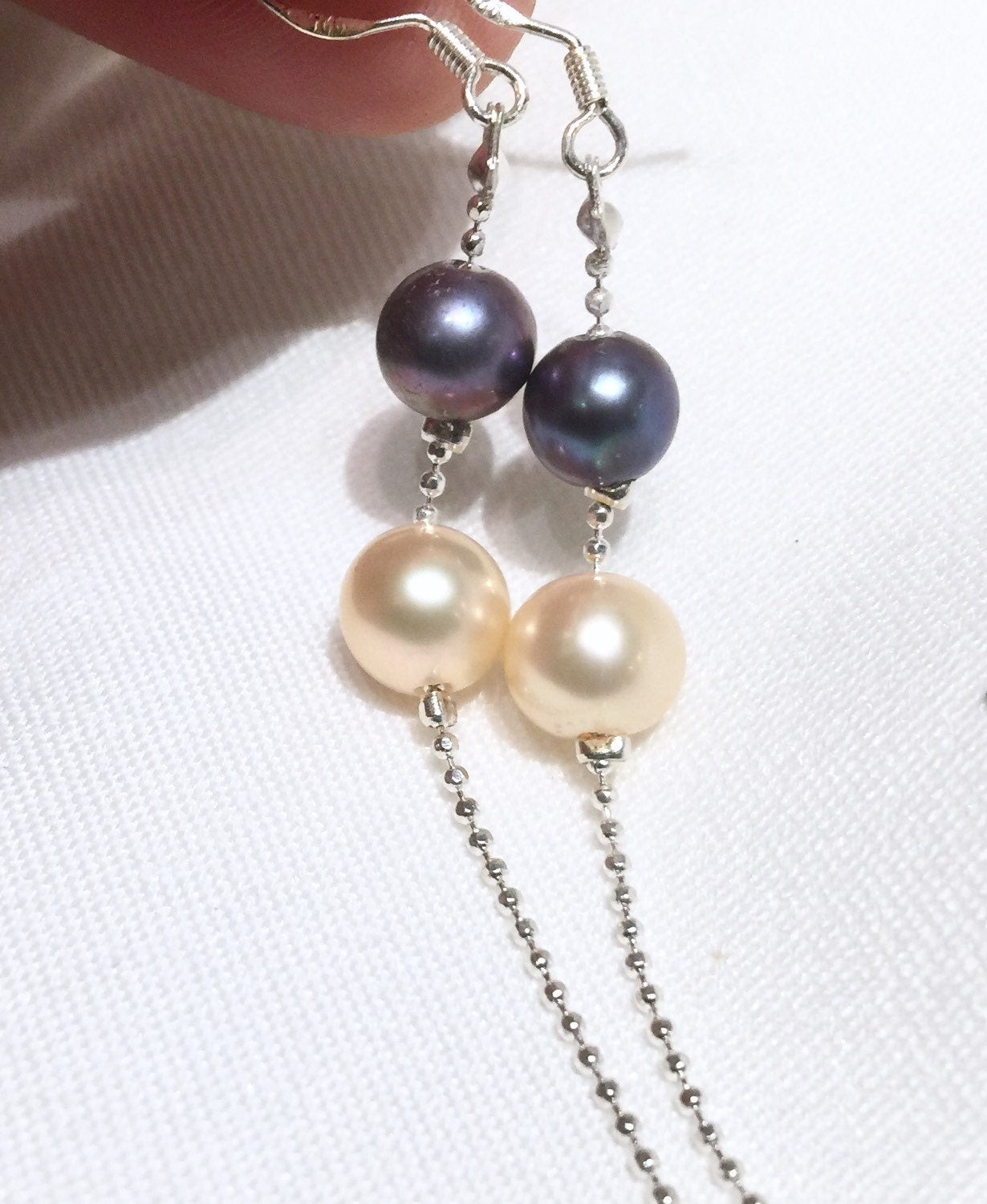 6-8mm 925 Sterling Silver Round Peacock and Champagne Freshwater Pearl Dangle Earrings