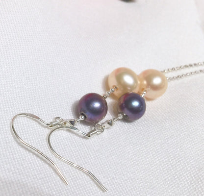 6-8mm 925 Sterling Silver Round Peacock and Champagne Freshwater Pearl Dangle Earrings