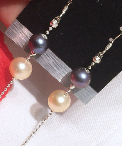 6-8mm 925 Sterling Silver Round Peacock and Champagne Freshwater Pearl Dangle Earrings