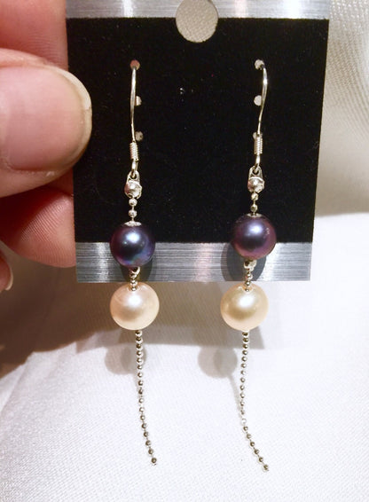 6-8mm 925 Sterling Silver Round Peacock and Champagne Freshwater Pearl Dangle Earrings