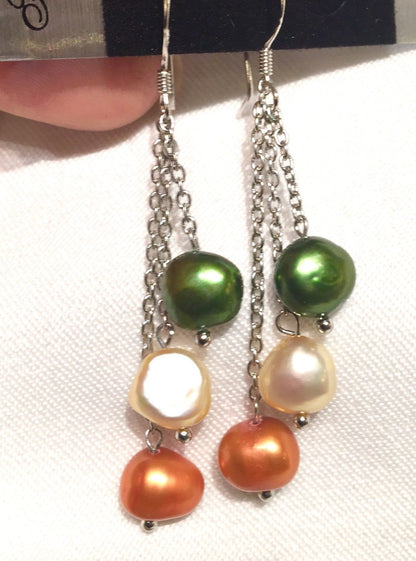 925 Sterling Silver Bronze、Champagne and Olive Green Multi Corn Pearl Earrings