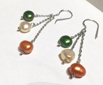 925 Sterling Silver Bronze、Champagne and Olive Green Multi Corn Pearl Earrings