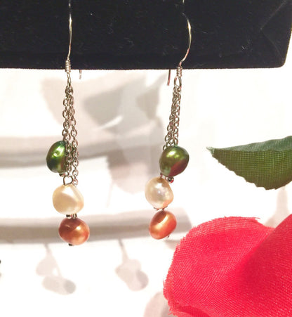 925 Sterling Silver Bronze、Champagne and Olive Green Multi Corn Pearl Earrings