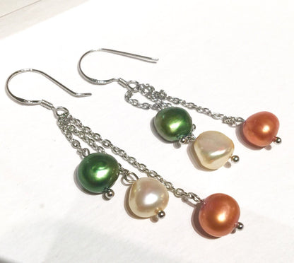 925 Sterling Silver Bronze、Champagne and Olive Green Multi Corn Pearl Earrings