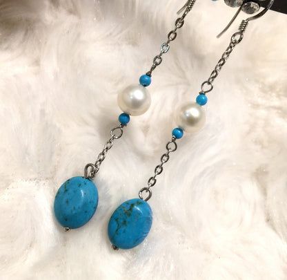 7mm 925 Sterling Silver Round White Freshwater Pearl Dangle Earrings