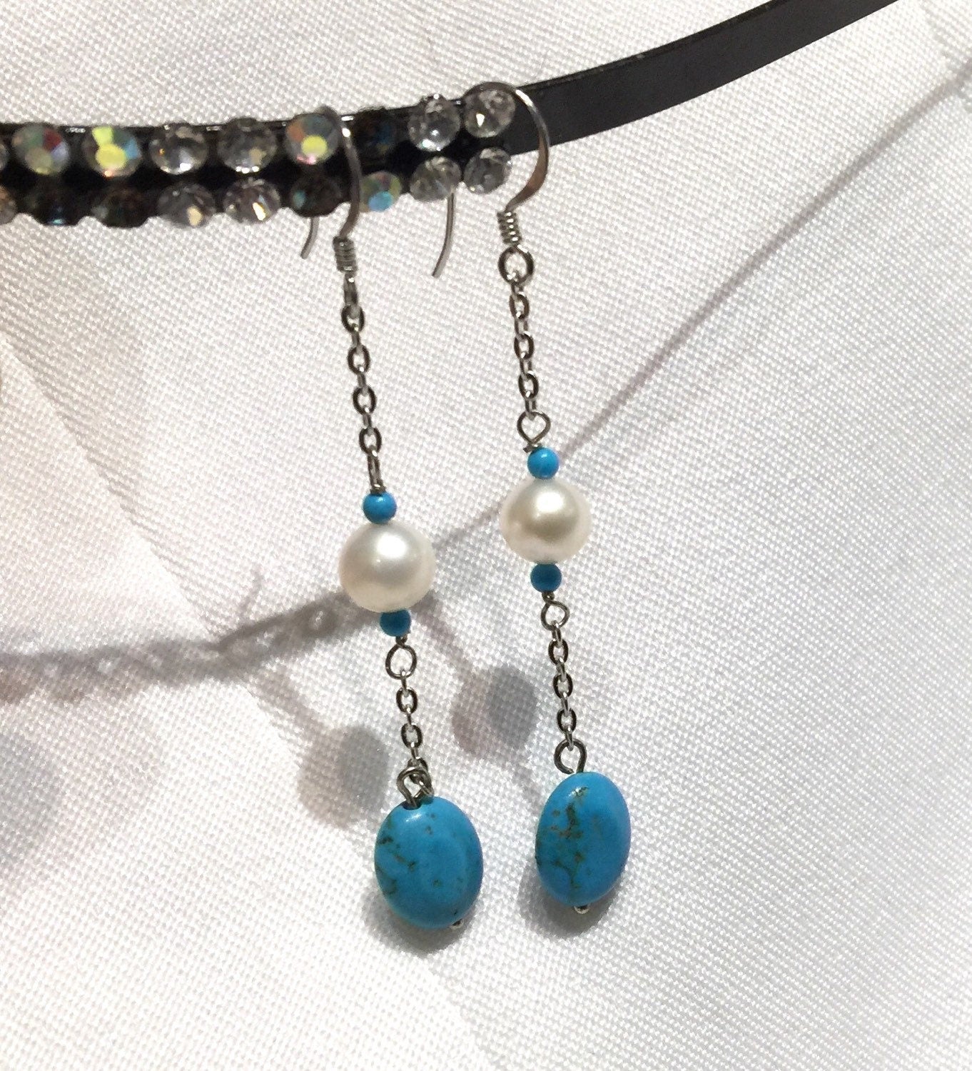 7mm 925 Sterling Silver Round White Freshwater Pearl Dangle Earrings