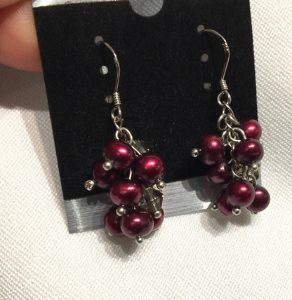 4-5mm 925 Sterling Silver Seed Burgundy Red Grape Freshwater Pearl Dangle Earrings